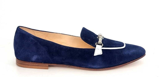 Navy Suede Loafers with Silver trim