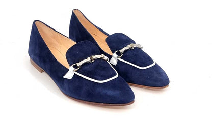 Navy Suede Loafers with Silver trim