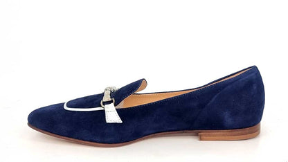 Navy Suede Loafers with Silver trim